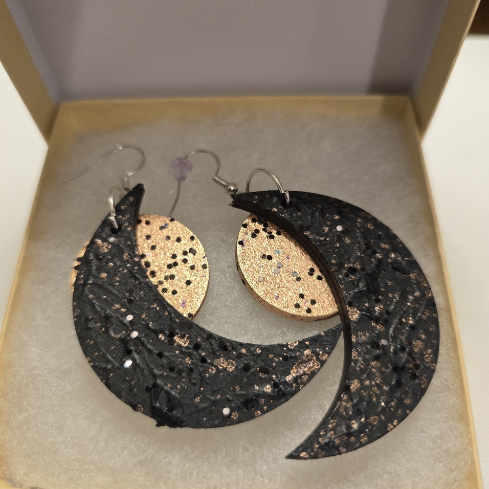 HANDCRAFTED Wood Crecent Moon Earrings HANDPAINTED Dangle Pierced Earrings - Picture 10 of 16